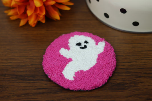 Pink & White Ghost Mug Rug - GLOW IN THE DARK